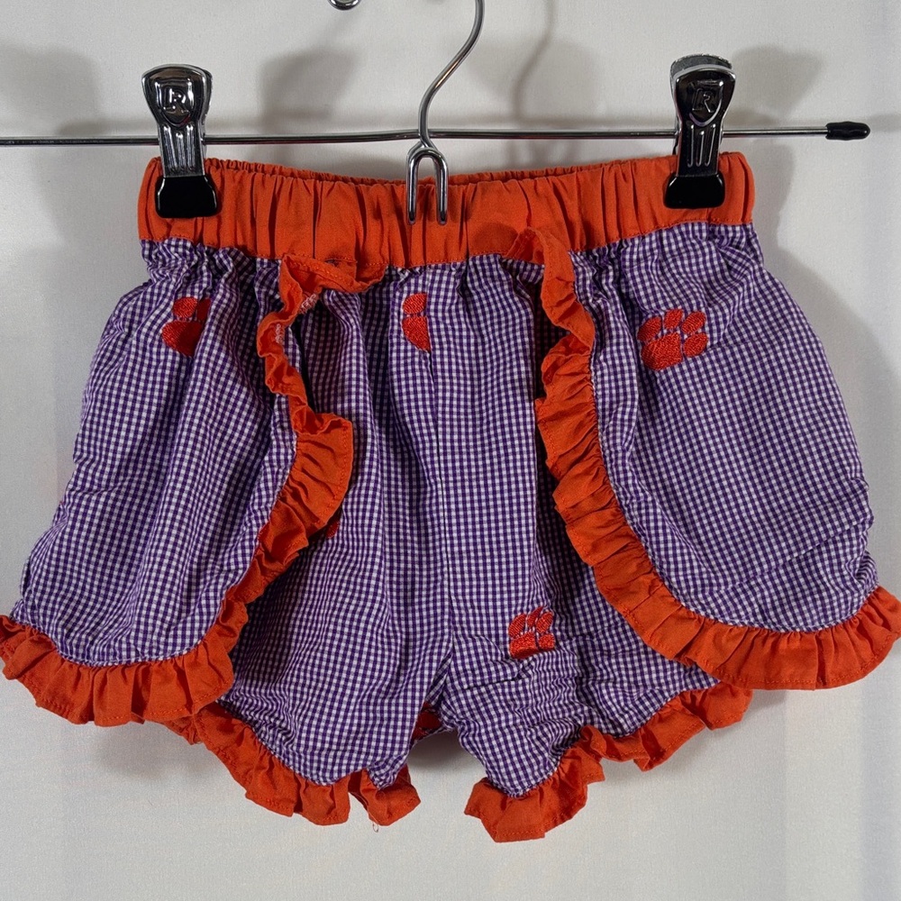 Girls' Clemson Tigers Purple Gingham Shorts w/ Orange Ruffle Trim and Tiger Paws